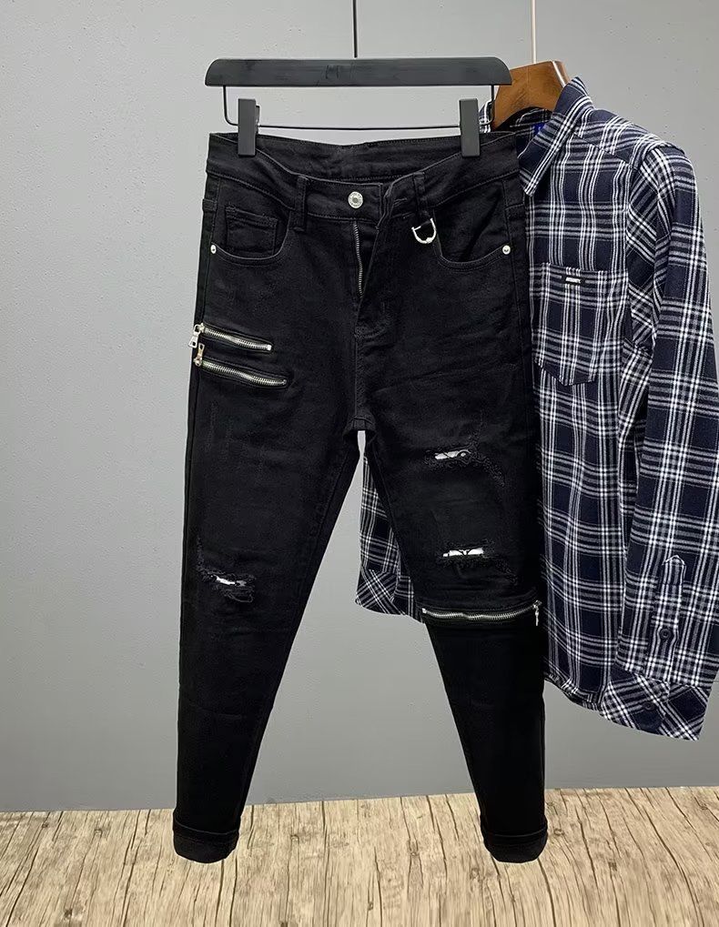 Men's Clothing Fashion Slim Fit Holes Handsome Trendy Men's Pants_viptrois.com
