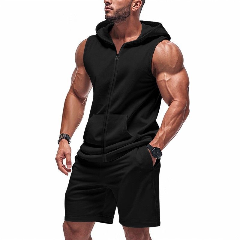 Men's Fitness Zipper Hooded Loose Breathable Functional Vest Shorts Sports Suit_viptrois.com