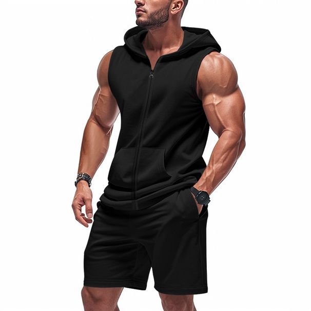 Men's Fitness Zipper Hooded Loose Breathable Functional Vest Shorts Sports Suit_viptrois.com