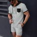 Men's Clothing New Waffle Men's Hooded Color Matching Short Sleeved Cardigan Casual Jacket Shorts Suit_viptrois.com