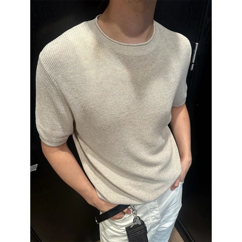 Men's Old Money Style Knit Polo T-Shirt – Summer Relaxed Luxury Short Sleeve Top (Breathable Polyester, Slim Fit, Machine Washable, Black/Beige)_viptrois.com
