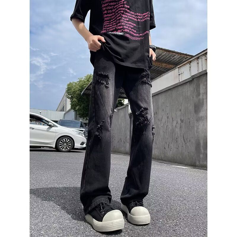 Yellow Mud Ripped Jeans 2024 New Men's Summer Thin Straight Loose American High Street Pants Trendy Brand_viptrois.com