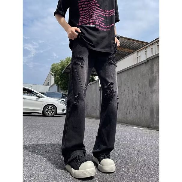 Yellow Mud Ripped Jeans 2024 New Men's Summer Thin Straight Loose American High Street Pants Trendy Brand_viptrois.com