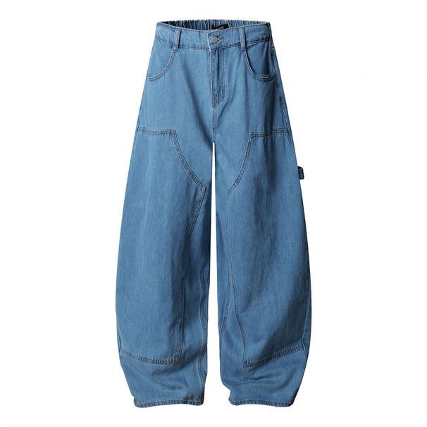 Wide-Leg Logging Jeans With Scimitar Design, High Street Trendy Brand Men's Loose Fit Washed Vintage Workwear Casual_viptrois.com