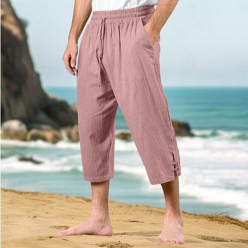 Men's Cotton Linen Pants Summer Casual Beach Trousers With Drawstring Waist Elastic Comfortable Breathable Straight Leg Lounge Pants_viptrois.com