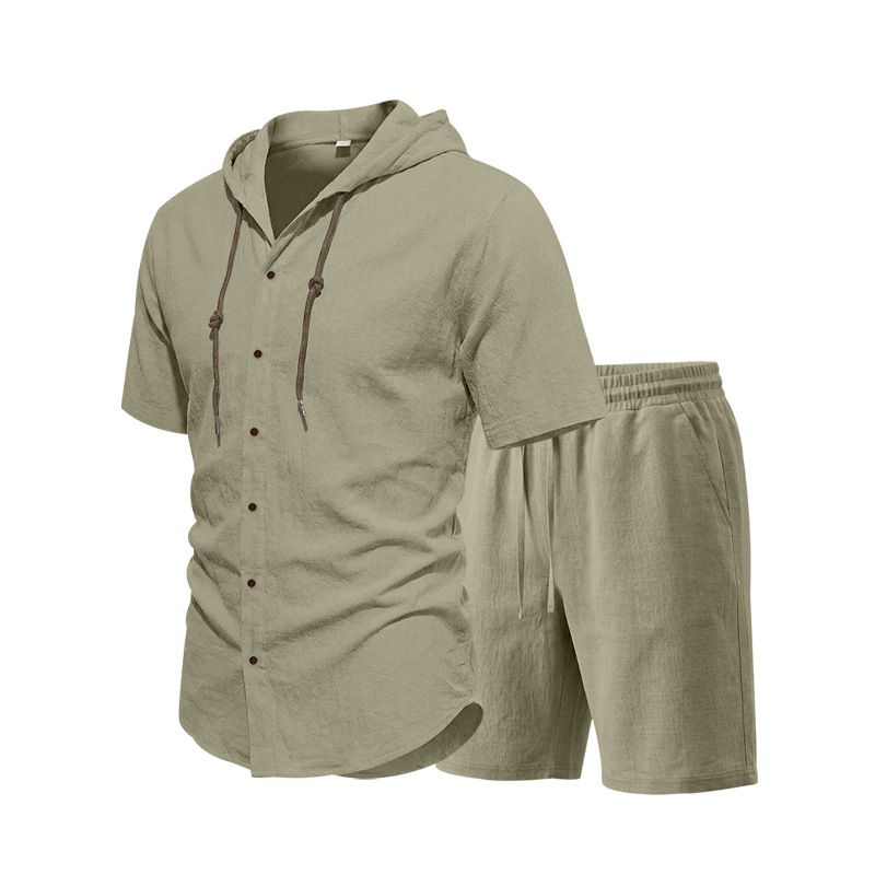 Men's Summer Casual Linen Shirt And Shorts Set Loose Fit Solid Color Short Sleeved Hooded Top And Bottoms_viptrois.com