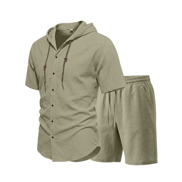 Men's Summer Casual Linen Shirt And Shorts Set Loose Fit Solid Color Short Sleeved Hooded Top And Bottoms_viptrois.com