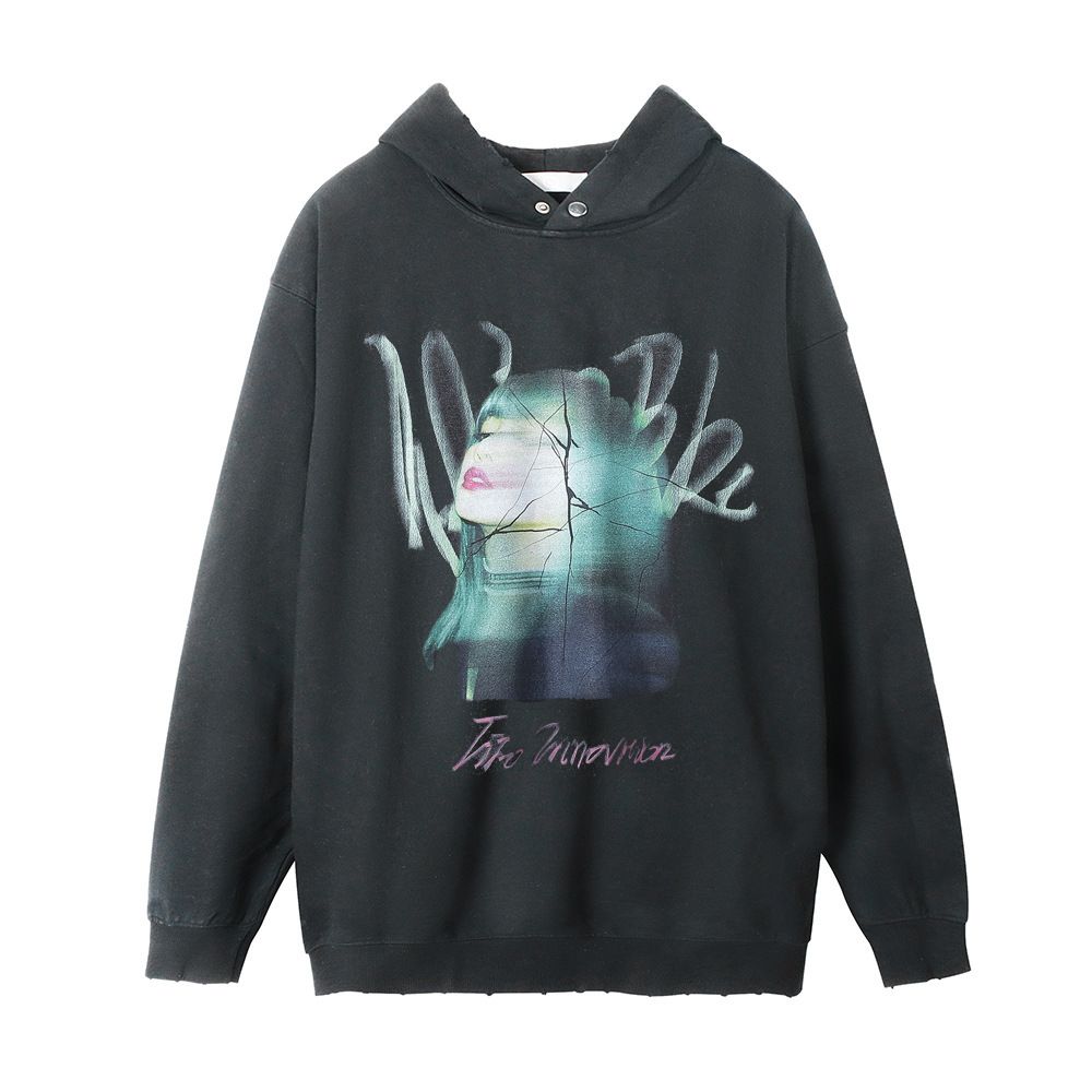 Celebrity Poster Character Men's Ins Washed Vintage Hip-Hop Loose Frayed Pullover Hoodie_viptrois.com