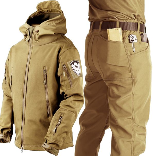 Men's Clothing Shark Skin Men's Tactical Softshell Windbreaker Set Waterproof Fleece Lined Jacket Mountaineering Training Uniform Abrasion Resistant_viptrois.com