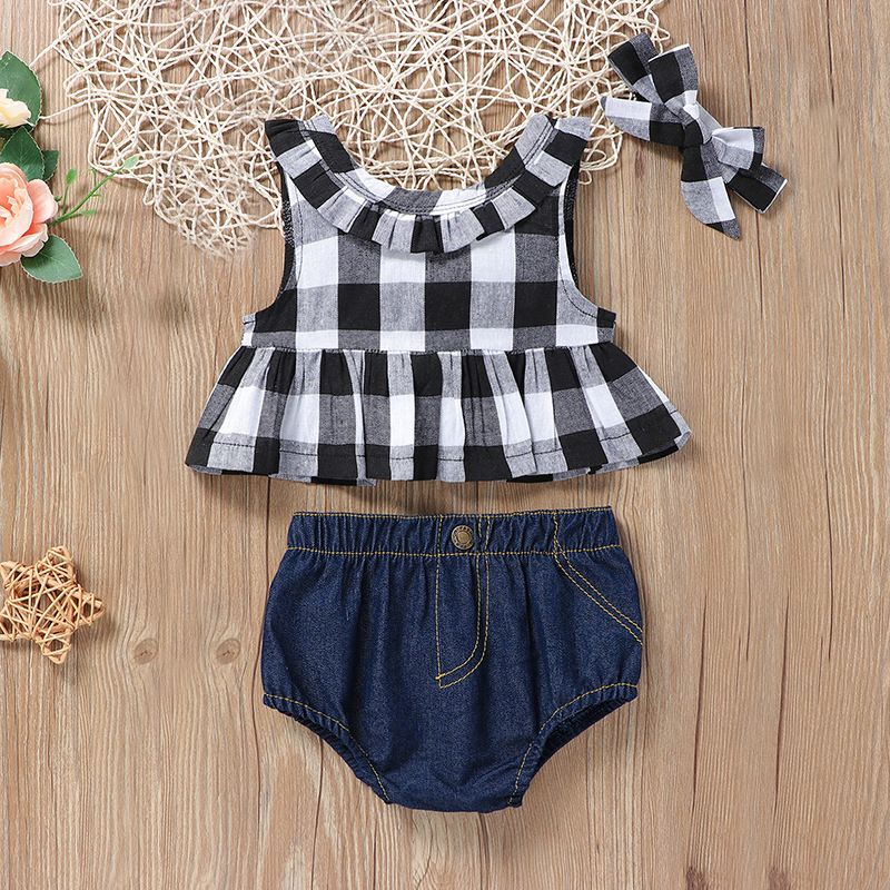 Kid's Clothing Children's Clothing Hot Selling Plaid Top + Denim Shorts + Headdress Three Piece Set_viptrois.com