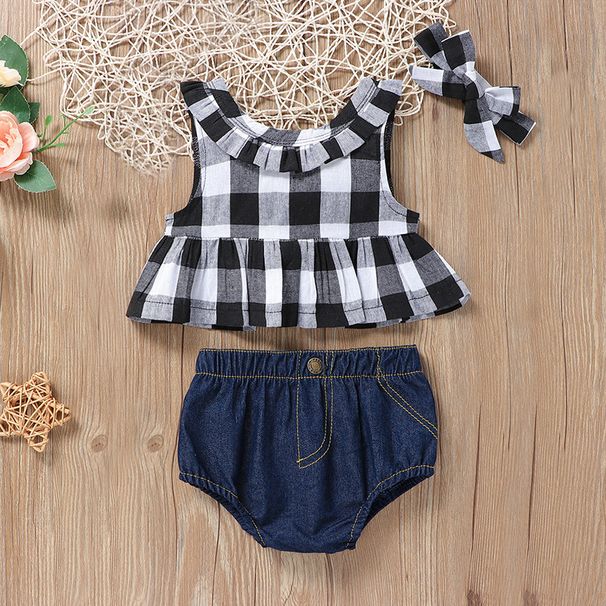 Kid's Clothing Children's Clothing Hot Selling Plaid Top + Denim Shorts + Headdress Three Piece Set_viptrois.com