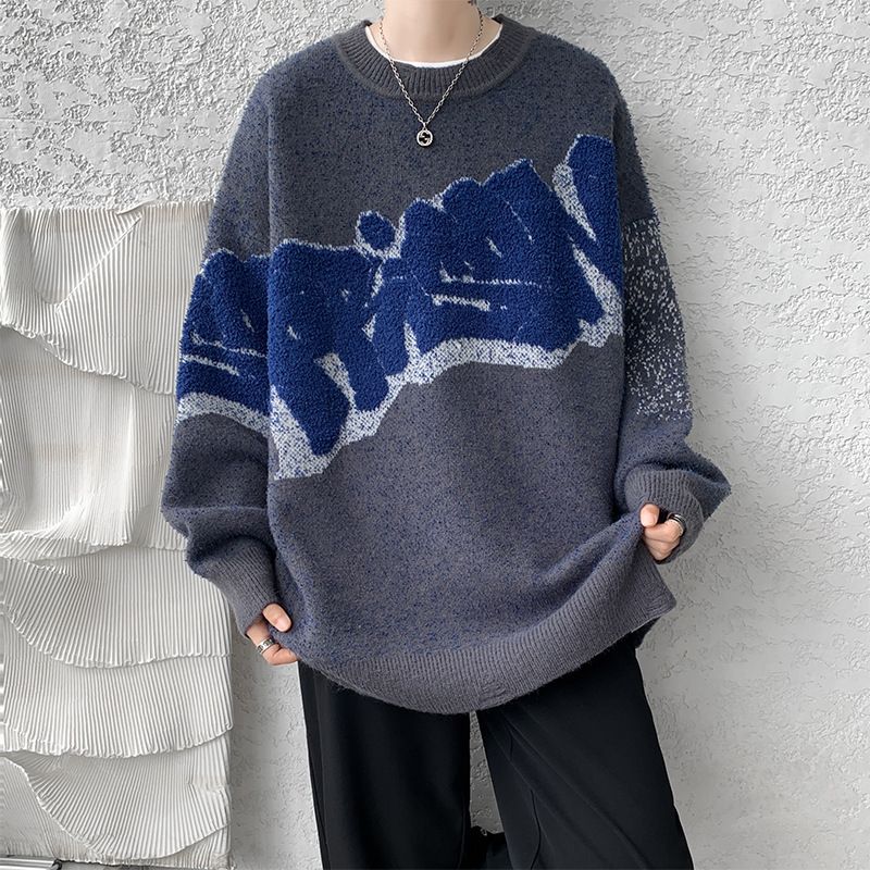 Men's Contrast Color Round Neck Sweater – Oversized Relaxed Fit Pullover (Black/White, Gray/Black, Gray/Blue, M-5XL)_viptrois.com