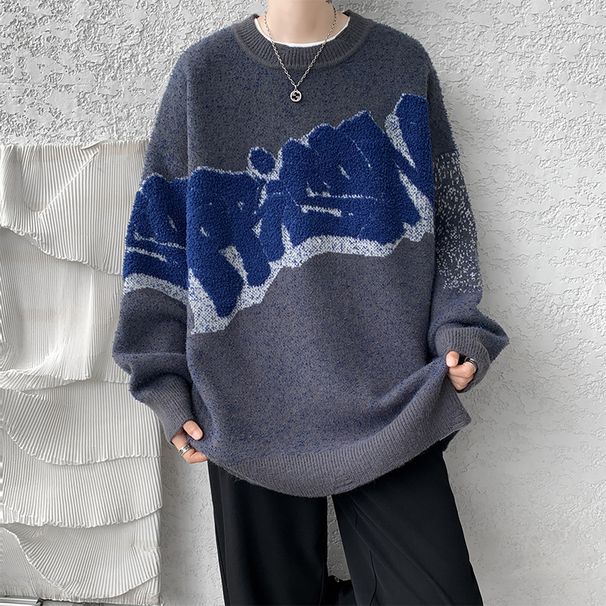 Men's Contrast Color Round Neck Sweater – Oversized Relaxed Fit Pullover (Black/White, Gray/Black, Gray/Blue, M-5XL)_viptrois.com