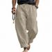 Men's Plus Size Linen Trousers Style Breathable Thin Sweat Absorbent Solid Color Casual Wide Leg Long Trousers_viptrois.com