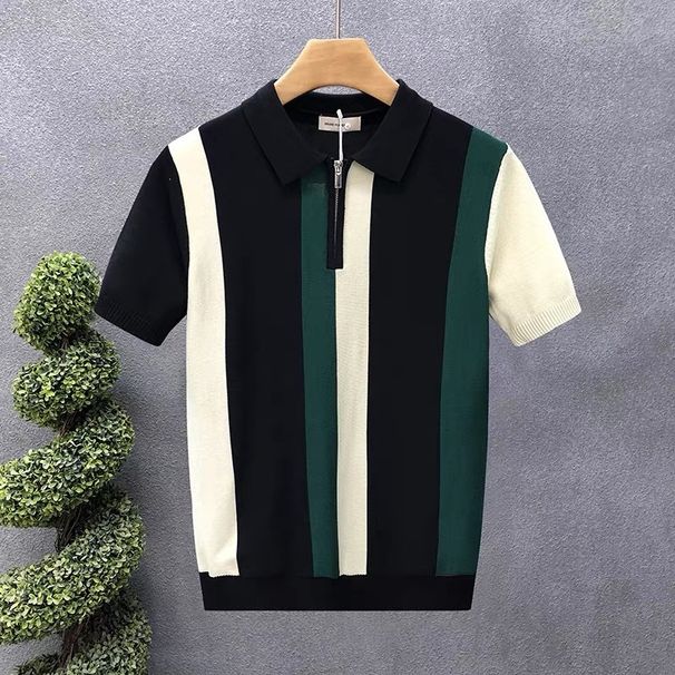 Men's Summer Ice Silk Knitted Polo Shirt Short Sleeve Trendy British Style Color Block Striped Casual Fashion Turn Down Collar T-Shirt_viptrois.com