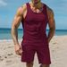 Men's Clothing New Waffle Solid Color Outdoor Leisure Breathable Short Sleeved Vest Shorts Sports Suit_viptrois.com