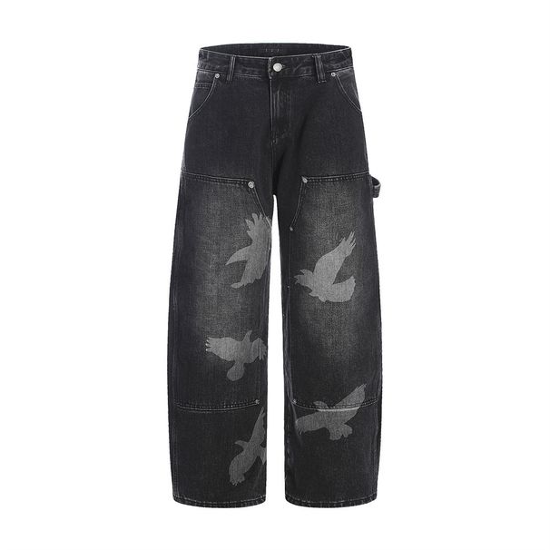 Men's Unique Design Scimitar Pigeon Print Jeans Street Style Punk Washed Logging Workwear Wide-Leg Pants_viptrois.com