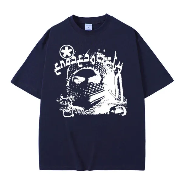 Cotton T-shirt With Grunge Gothic Harajuku Print, Round Neck, Loose Short Sleeve, Vintage Punk Streetwear_viptrois.com