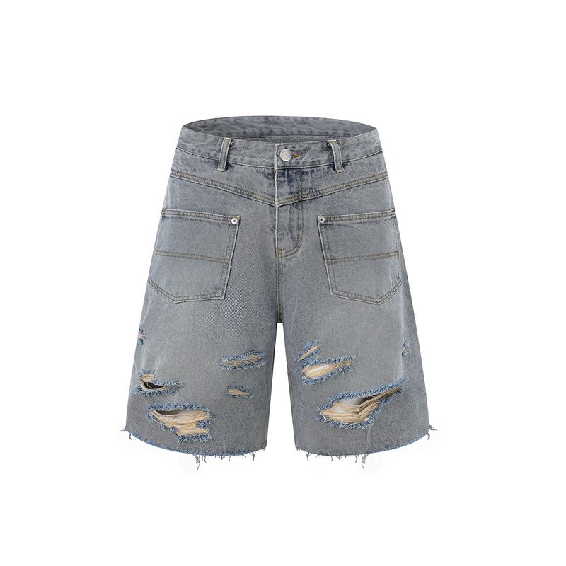 Men's Retro Distressed Denim Zippered Jeans Raw Edge Ripped Casual Loose Workwear Trendy For Men And Women Black White Summer_viptrois.com