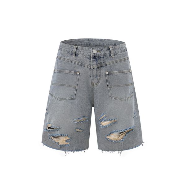 Men's Retro Distressed Denim Zippered Jeans Raw Edge Ripped Casual Loose Workwear Trendy For Men And Women Black White Summer_viptrois.com