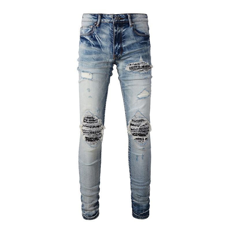 Men's Clothing High street style pleated cashew flower ripped slim fitting skinny pants _viptrois.com