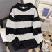 Men's Clothing Women's Round Neck Cutout Striped Sweater Autumn Thin Knit Base Layer Top Loose Fit Short For Formal & Casual_viptrois.com