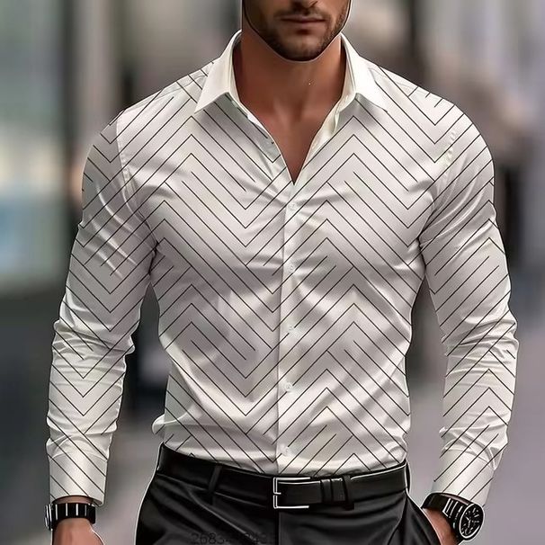 Men's Geometric Print Long Sleeve Shirt - Abstract Art Formal Casual Button Down With 3d Effect Buttons, Stretch Comfort Fit_viptrois.com