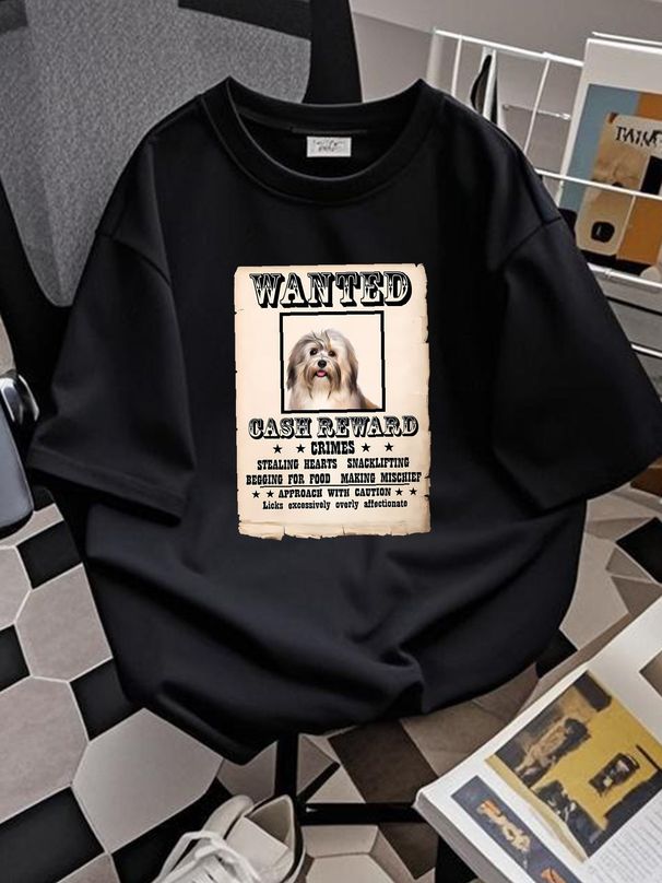 Havanese Dog Wanted Poster Unisex T-shirt Fashion Comfortable Graphic Designer Clothes Versatile Top For Everyday Wear Casual Slightly Breathable_viptrois.com
