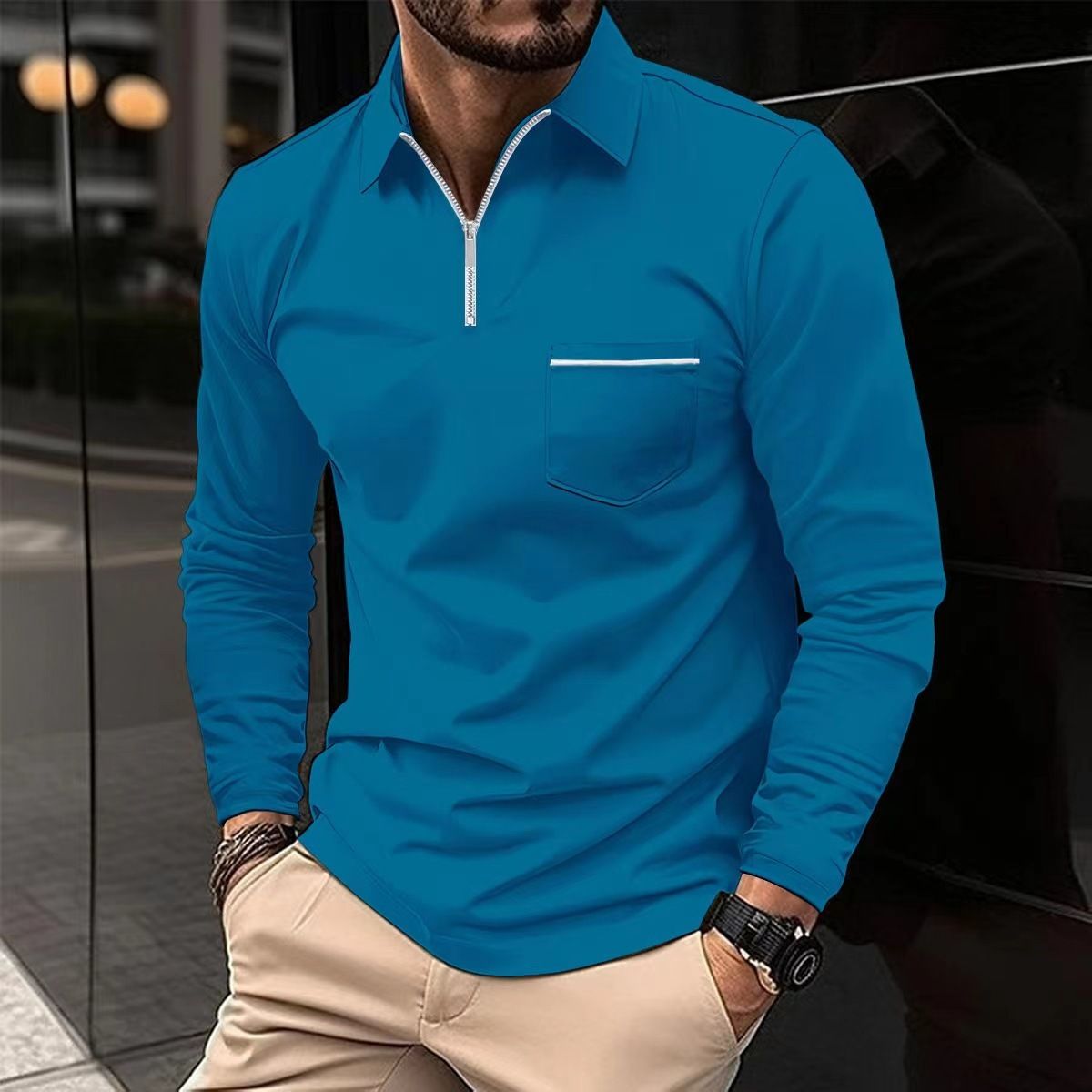 Men's Clothing Autumn Polo Shirt Zipper Pocket Men's Long Sleeved Sports Polo Shirt_viptrois.com