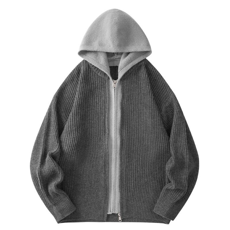 Men's Double-Zip Hoodie – Heavyweight Knit Sweater, Oversized Layered Look, Casual Pullover (Gray, Black, S-Xxxl)_viptrois.com