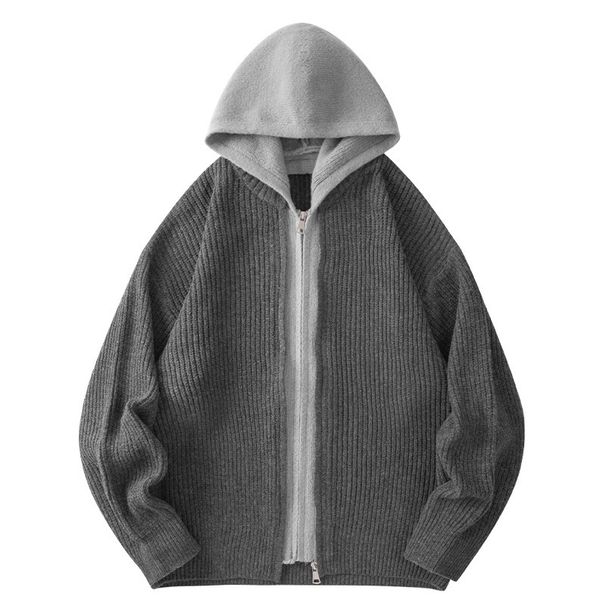 Men's Double-Zip Hoodie – Heavyweight Knit Sweater, Oversized Layered Look, Casual Pullover (Gray, Black, S-Xxxl)_viptrois.com