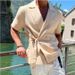 Men's Clothing Summer Solid Color Cotton And Linen Suit Lapel Lace Up Short Sleeved Shirt_viptrois.com