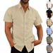 Men's Clothing Short Sleeved Shirt Solid Color Patch Pocket Cardigan Loose Lapel Linen Shirt_viptrois.com
