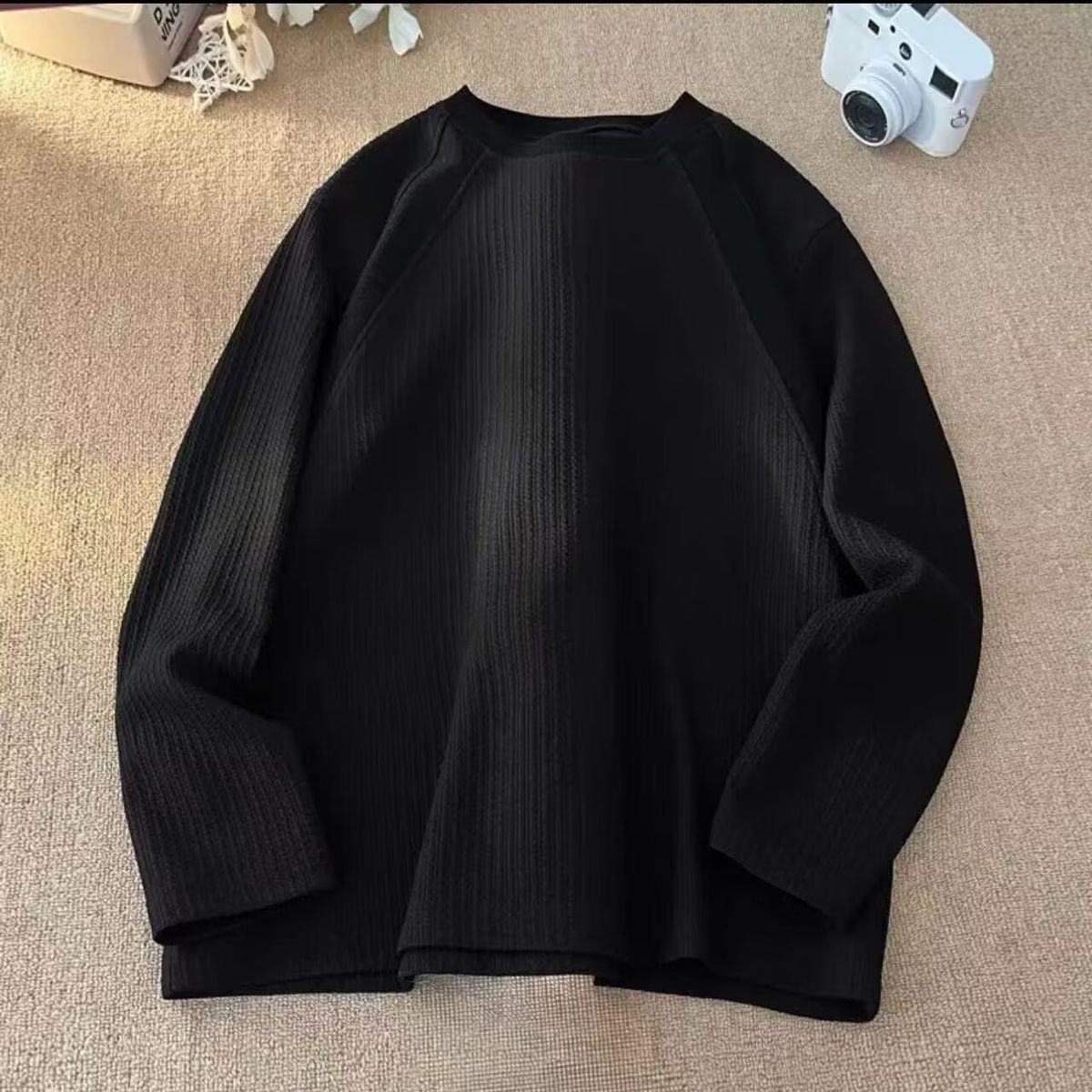Men's Oversized Textured Long Sleeve T-Shirt – Drop Shoulder Crewneck Layering Tee (White/Black, M-3XL)_viptrois.com