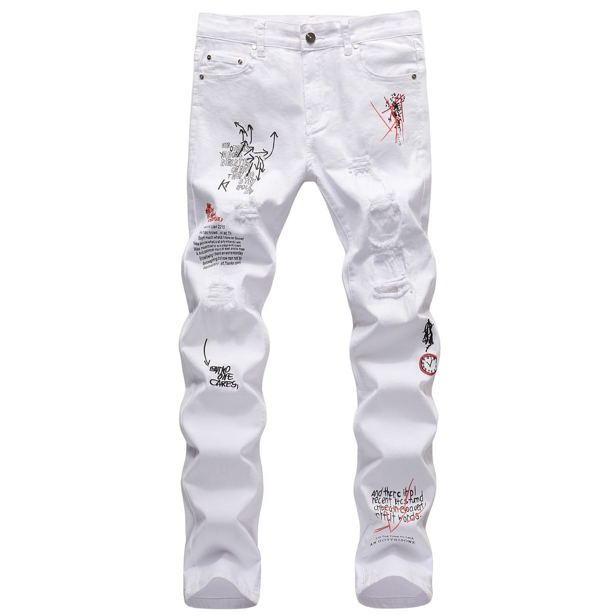 Men's Slim Fit White Distressed Jeans With Embroidery & Print, Stretch Denim Tapered Leg Casual Trousers_viptrois.com