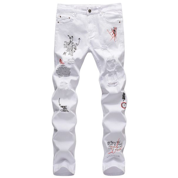 Men's Slim Fit White Distressed Jeans With Embroidery & Print, Stretch Denim Tapered Leg Casual Trousers_viptrois.com