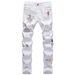 Men's Slim Fit White Distressed Jeans With Embroidery & Print, Stretch Denim Tapered Leg Casual Trousers_viptrois.com