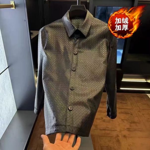 New Autumn/Winter Business Casual Men's Turn-down Collar Fleece-Lined Thickened Jacket, Korean Style Warm Woven Leather_viptrois.com