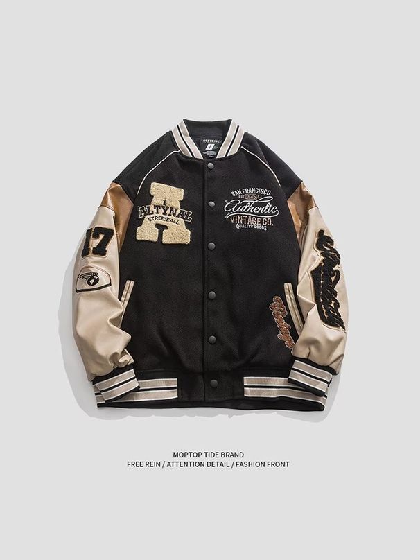 Men's Embroidered Baseball Jacket – Streetwear Unisex Varsity Style With Contrast Sleeves (M-2XL, Black/Green/Navy)_viptrois.com