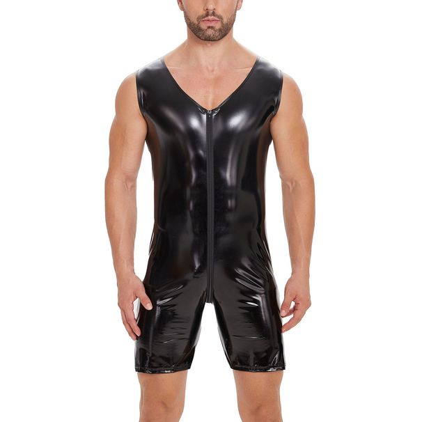 Men's Clothing Elastic tights stage performance clothes for menmen mirrored leather jumpsuit sexy zipper open crotch pants for men_viptrois.com