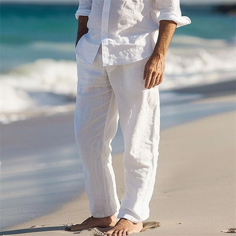 Men's Clothing Men's Linen Solid Color Casual Loose Spring And Summer Breathable Beach Straight Daily Vacation Trousers_viptrois.com
