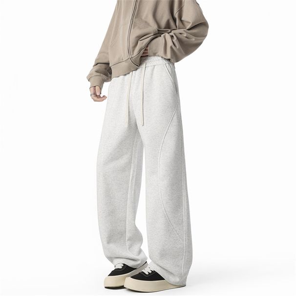 Men's White Floral Gray Curved Blade Sweatpants Straight Leg Casual Loose Wide Leg American Style Sports Pants for Autumn/Winter Trendy_viptrois.com