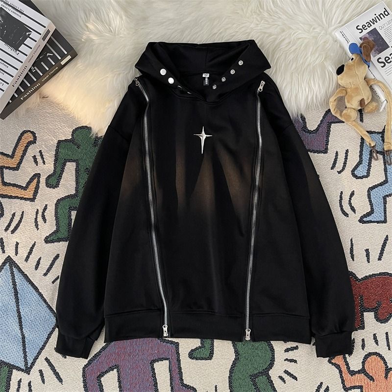 Star Zipper Hoodie Jacket For Men, Autumn Vintage Loose Top_viptrois.com