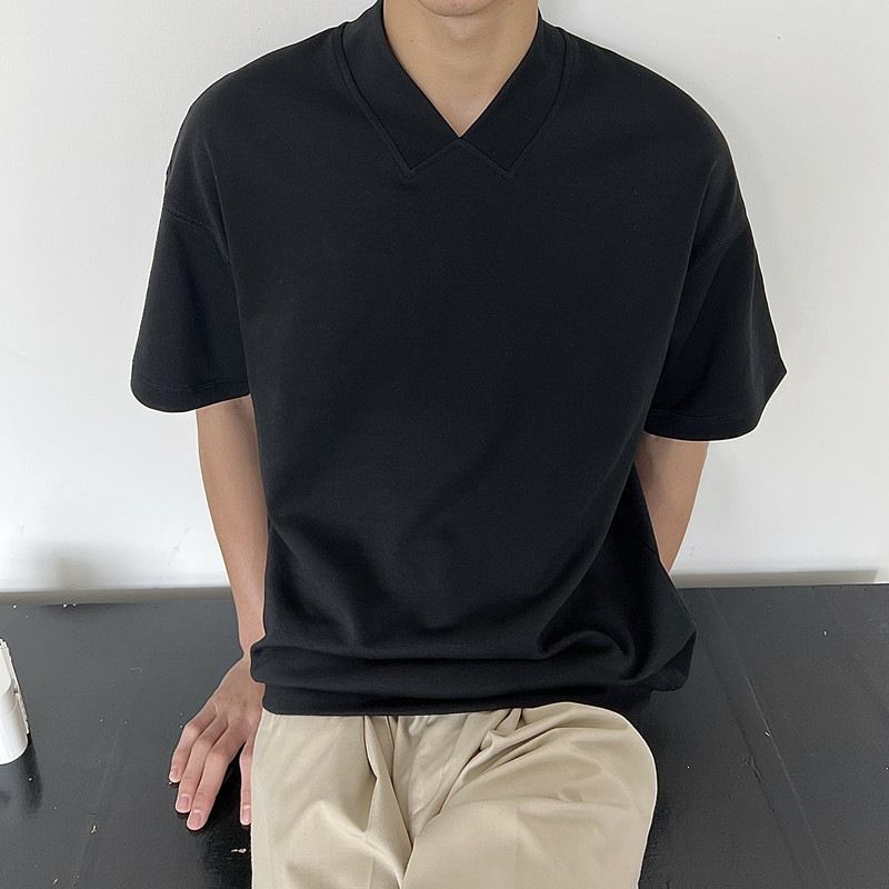 Men's Summer V Neck Short Sleeve T-Shirt Fashionable Breathable Solid Color Base Layer Top_viptrois.com