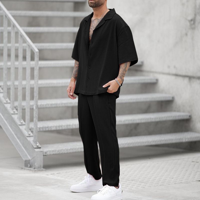 Shirts And Casual Pants Two-piece Set Hot-selling Clothing New Fit Trendy Solid Color Men's Fashion Suit_viptrois.com