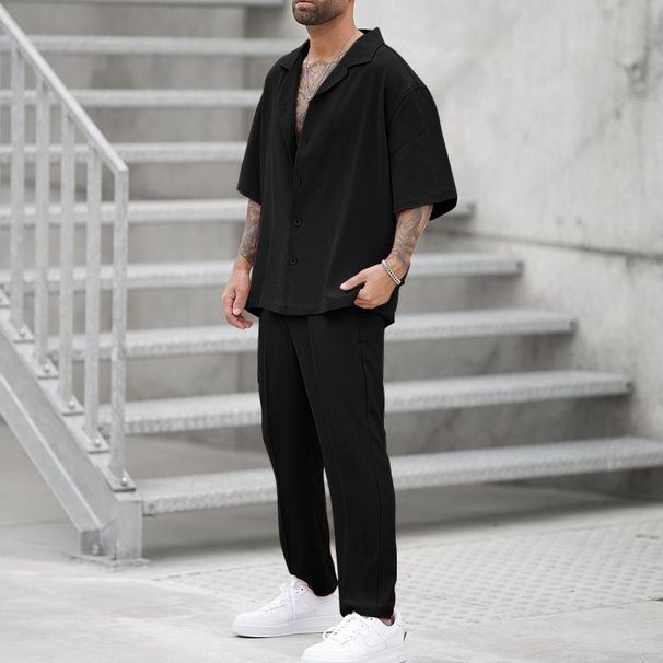 Shirts And Casual Pants Two-piece Set Hot-selling Clothing New Fit Trendy Solid Color Men's Fashion Suit_viptrois.com