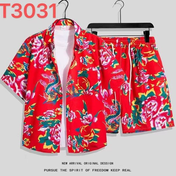 Men's Clothing Ice Silk Beach Suit Men's Short Sleeve Floral Shirt Large Size Loose Hawaii Quick Dry Casual Shorts Couple Suit_viptrois.com