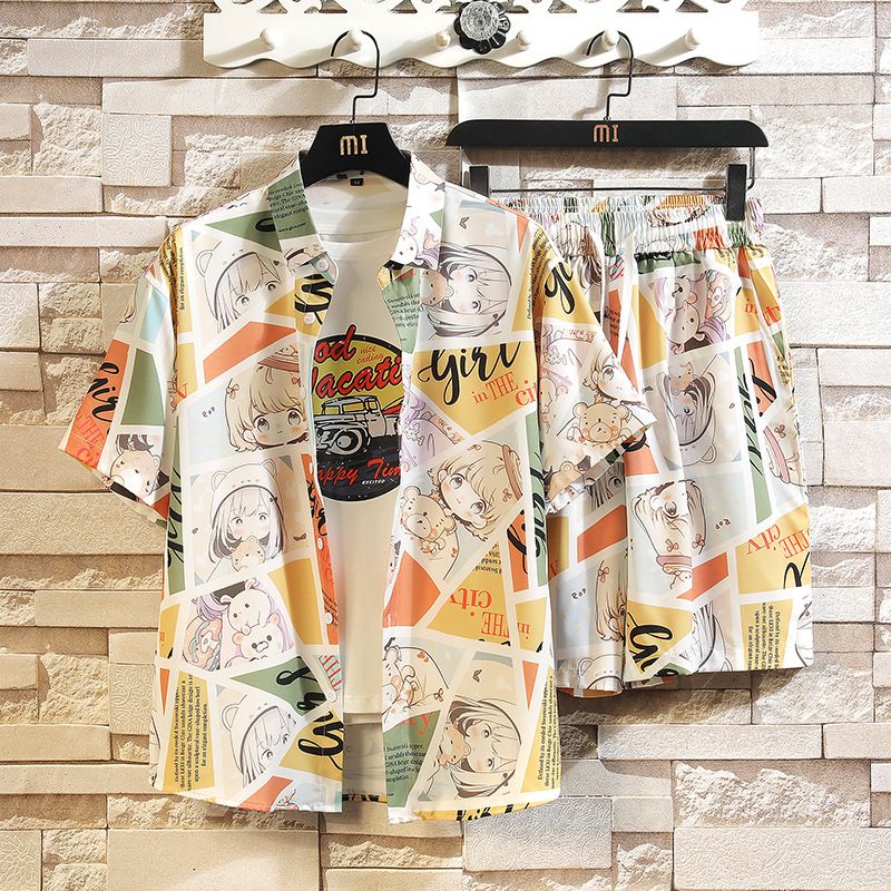 Men's Clothing Ice Silk Shirt Suit Fashionable Couple Beach Shorts Two Piece Suit Men_viptrois.com
