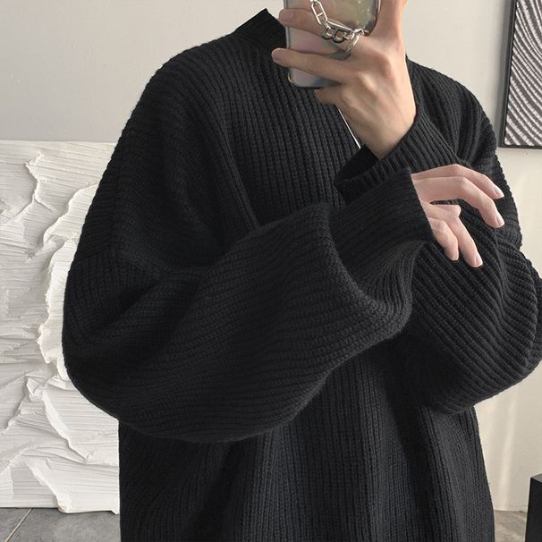 Spring And Autumn Round Neck For Men, Japanese Loose Lazy Knitwear, Hong Kong Style Trendy Win Thick Solid Color_viptrois.com