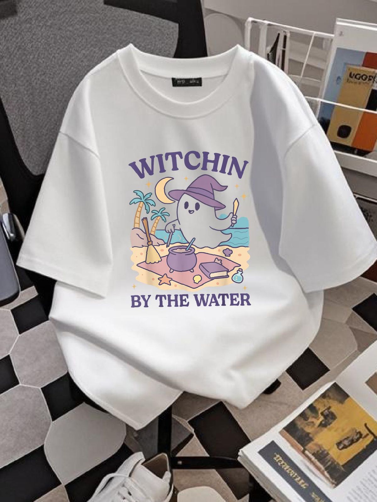 Summerween Beach Halloween Ghost T-Shirt T-Shirt For Women Casual Designer Clothes Fashion Streetwear Graphic Casual Comfortable Unisex Female Summer Versatile Breathable Women Top Graphic Tees Stylish Top For Everyday Wear Stretched Slightly_viptrois.com